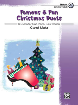 Level: Early Intermediate Famous & Fun Christmas Duets, Book 4 contains 6 carefully selected Christmas favorites. The duets are arranged in equal parts for early intermediate pianists, and are written for one piano, four hands. For easier reading, each part is written using both treble and bass clefs, with directions for the primo to play up an octave and the secondo down an octave. Additionally, the melody often shifts between primo and secondo, creating interesting parts for both players. Book 4 features arrangements in the keys of F and D major, as well as A minor and E minor. Students are sure to enjoy their experience with these fun duets!