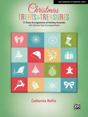 Catherine Rollin's Christmas Treats & Treasures, Book 1, is a collection of 11 piano arrangements of holiday favorites with optional duet accompaniments. These beautiful, joyful, and uplifting carols and songs will bring many special musical moments to piano students as they celebrate the holidays. Titles: Away in a Manger * Go, Tell It on the Mountain * God Rest Ye Merry, Gentlemen * Good King Wenceslas * The Hallelujah Chorus (from Messiah) * It Came Upon the Midnight Clear * Jingle Bells * Jolly Old Saint Nicholas * Miniature Overture (from The Nutcracker) * Up on the Housetop * What Child Is This?