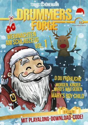 Der Hallkammer Verlag präsentiert hier ein Buch für Schlagzeug und Snaredrum, welches speziell für die Weihnachtszeit konzipiert wurde. Es handelt sich um drei bekannte Weihnachtslieder: "O Du Fröhliche", "Morgen Kinder wird's was geben" und "Mary's Boy Child". Für Anfänger bis Fortgeschrittene gleichermaßen geeignet, denn die Lieder sind in zwei bzw. drei Schwierigkeitsstufen notiert. Es handelt sich um Arrangements für Snaredrum und Schlagzeug. Die Playalongs, welche zum freien Download enthalten sind, gibt es in drei Geschwindigkeitsstufen (langsam, mittel, Schnell), sodass die Lieder Schritt für Schritt und ohne Stress erlernt werden können. Um das gemeinsame Musizieren zu fördern, gibt es außer der Arrangements auch eine Begleitung für Klavier bzw. für Gitarre. Beides ist einfach gesetzt, damit man von Anfang an mitspielen kann. So kann man Pianisten, Gitarristen und Schlagzeuger gemeinsam Musik erleben lassen. Der Autor hat dem Heft einige praktische Tipps zum erarbeiten beigelegt, also steht einem erfolgreichen Weihnachtsabend am Schlagzeug nichts im Weg!