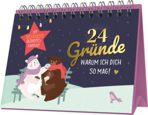 Mit dir ist das ganze Jahr Weihnachten! • 24 Sprüche, die von Herzen kommen und die Adventszeit deiner Liebsten versüßen. • Zauberhaft illustrierte Kalenderblätter • Praktische Spirale für ein einfaches Umblättern • Mit praktischer Aufstellfunktion • Ideal für den Schreibtisch oder als kleines Geschenk für einen lieben Menschen. Hier kommt ein ganz persönlicher Advents-Countdown für deine Liebsten: Tag für Tag kannst du ihnen damit zeigen, wie sehr du sie magst. 24 liebevoll illustrierte Blätter mit Sprüchen und Wünschen schenken Freude und zaubern täglich ein Lächeln aufs Gesicht deiner Freunde. Der praktische Tisch-Adventskalender zum Aufstellen ist die perfekte vorweihnachtliche Deko fürs Büro oder für Zuhause.