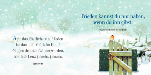 Mit den liebevollen Illustrationen von Marjolein Bastin und Zitaten bekannter Autorinnen und Autoren fängt dieses Buch den Zauber der Weihnachtszeit ein und ist eine besondere Aufmerksamkeit für alle Menschen, denen wir einen besinnlichen Advent und schöne Feiertage wünschen.