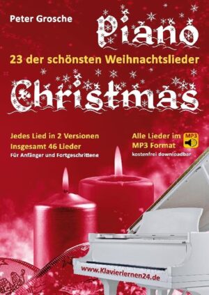 Piano-Christmas 23 der bekanntesten und schönsten Weihnachtslieder wurden für das Klavierspielen neu bearbeitet und arrangiert. Alle Liedtitel stehen in 2 verschiedenen Ausführungen zur Verfügung, das Heft beinhaltet somit 46 Lieder inkl. Tempoangaben für Übungs- und Vortragstempo. Version Anfänger:  - Einstimmige Melodien mit max. 1 Generalvorzeichen  - Alle Liedtexte sind im erforderlichen Umfang enthalten - Lied-Schwierigkeitsgrad: Stufen 1 und 2 einer üblichen Klavierschule Version Fortgeschrittene: - Einstimmige und mehrstimmige Melodien - Lieder in Tonarten mit 1 oder 2 Generalvorzeichen - Wenige Lieder mit 3 Vorzeichen - Aufwendige Arrangements aus den Bereichen Standard, Pop und Jazz - Lied-Schwierigkeitsgrad: Ab Stufe 3 einer üblichen Klavierschule Das Liedgut erstreckt sich von "Alle Jahre wieder" und "Fröhliche Weihnacht überall", über "Jingle Bells" und "O du fröhliche" bis zu "Leise rieselt der Schnee", "Süßer die Glocken nie klingen" und "We wish you a Merry Christmas" etc. Dieses Heft begleitet Sie durch jede Advents- und Weihnachtszeit über viele Jahre. Schon Kinder ab 6 Jahre und/oder "ältere" Anfänger (auch Senioren) können nach wenigen Tagen die ersten Weihnachtslieder spielen. Alle 46 Lieder stehen als kostenfreier Download im MP3-Format unter www.Klavierlernen24.de zur Verfügung. Weitere Detail-Informationen bei: www.Klavierlernen24.de