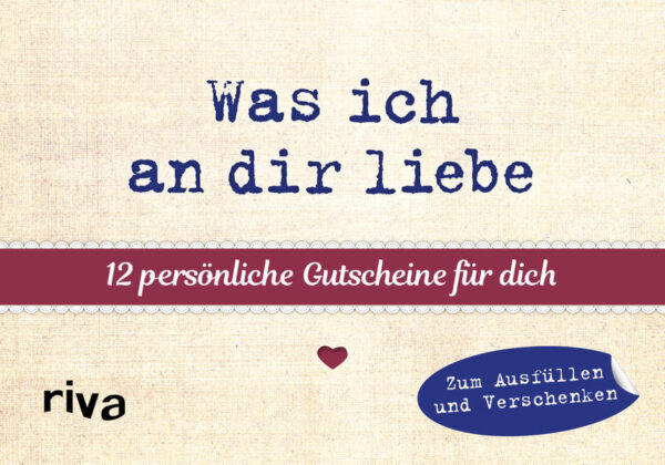 Eine glückliche Beziehung lebt von gemeinsamen Erlebnissen und der Zeit, die man miteinander verbringt. Was kann man seinem Partner oder seiner Partnerin also Schöneres schenken als 12 persönliche Gutscheine mit verrückten und zugleich liebevollen Ideen für Ausflüge und gemeinsame Unternehmungen oder dem Versprechen, unangenehme Pflichten zu erledigen. Ganz im Stil der Bestsellerreihe »Was ich an dir liebe« können die heraustrennbaren Gutscheine individuell ausgefüllt und angekreuzt werden. Zusammen mit den schönen Zitaten auf der Rückseite sind sie ein wertvolles Geschenk für einen Menschen, den man liebt. Mehr Informationen und weitere tolle Produkte zum Bestseller »Was ich an dir liebe« von Alexandra Reinwarth gibt es unter: was-ich-an-dir-liebe.de