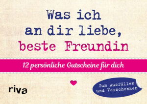 Mit ihr ist alles schöner, kurzweiliger und lustiger. Und weil das so ist, sollte es noch viel mehr Gelegenheiten geben für Zeit mit der besten Freundin. Diese 12 persönlichen Gutscheine sind ein wunderschönes Geschenk und bieten dir Inspiration und Anregung für gemeinsam verbrachte Zeit und außergewöhnliche Abenteuer zu zweit. Außerdem kannst du alle Gutscheine individuell ausfüllen und gestalten, weil natürlich niemand besser weiß, was der besten Freundin gefällt, als du selbst. Mehr Informationen und weitere tolle Produkte zum Bestseller »Was ich an dir liebe« von Alexandra Reinwarth gibt es unter: www.was-ich-an-dir-liebe.de