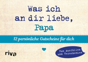 Papas Geburtstag steht an, und die Wahl des richtigen Geschenks ist mal wieder ein unlösbares Problem? Was schenkt man jemandem, der scheinbar schon alles hat? Wie wäre es mit der einen Sache, die so wertvoll ist, dass kaum ein Mensch auf der Welt genug davon haben kann: Zeit? Mit diesen Gutscheinen schenkst du deinem Papa sogar 12 Gelegenheiten für gemeinsam verbrachte Zeit. Du kannst die Gutscheine individuell ausfüllen und beschriften. So ist für jeden Papa das Richtige dabei. Sei es ein gemeinsamer Angelausflug oder deine Unterstützung bei Computerproblemen. Das persönlichste und wertvollste Geschenk, das du deinem Vater machen kannst. Mehr Informationen und weitere tolle Produkte zum Bestseller »Was ich an dir liebe« von Alexandra Reinwarth gibt es unter: www.was-ich-an-dir-liebe.de