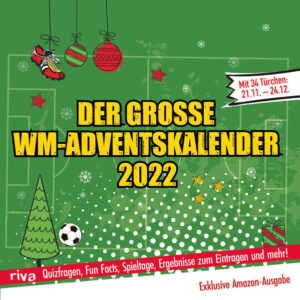 Bei diesem Adventskalender handelt es sich um die exklusive Amazon-Ausgabe des großen WM-Adventskalenders. Dieser Kalender ist ein Softcover ohne verbundene Türchen. Er ist auch in einer Hardcover-Ausgabe mit geändertem Format und identischem Inhalt erhältlich. Eine Fussball-WM im Winter? Da kommt dieser Adventskalender gerade recht! Beantworte Quizfragen rund um die WM, erfahre spannende Fun Facts, spiele mit deinen Freunden und trage deine Tippergebnisse direkt in das entsprechende »Törchen« ein. Und da die Weltmeisterschaft nicht erst am 1. Dezember beginnt, hat dieser ganz spezielle Adventskalender statt 24 natürlich 34 Türchen - für Spannung vom ersten Spieltag bis Heiligabend! *** Durch eine Entscheidung der FIFA wurde das Eröffnungsspiel kurzfristig um einen Tag vorgezogen. Das Turnier startet somit am 20.11., dieser Adventskalender am 21.11. - er kann aber abgesehen von dieser kleinen Verzögerung ganz regulär genutzt werden. ***