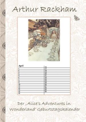 Der 'Alice's Adventures in Wonderland' Geburtstagskalender bietet für jeden Monat des Jahres eine Originalillustration von Arthur Rackham aus der Geschichte 'Alice's Adventures in Wonderland'. Zu jedem Monat gibt es zugehörig auch jeweils eine Seite zur Aufnahme von Notizen. Der Geburtstagskalender enthält 12 liebevoll gestaltete Original Farbillustrationen von Arthur Rackham.