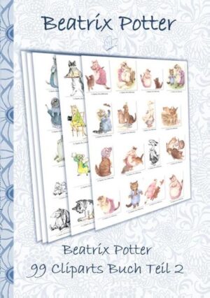 Das Beatrix Potter 99 Cliparts Buch Teil 2 enthält 99 + 16 wunderschöne und einzigartige Cliparts erstellt aus original Beatrix Potter Illustrationen, welche von Elizabeth M. Potter frei überarbeitet und in Einzeldateien abgelegt wurden. Alle Cliparts sind im Detail im Buch dargestellt und entsprechend der Zugehörigkeit zu den Beatrix Potter Geschichten sortiert. Sie können per Download zur privaten Verwendung heruntergeladen werden, Instruktionen hierzu sind im Buch aufgeführt. Die auf weißen Hintergrund präsentierten Cliparts stammen aus den folgenden Beatrix Potter Geschichten: Die Geschichte von Tom Kätzchen Die Geschichte von Samuel Whiskers Die Geschichte vom Schneider von Gloucester Die Geschichte von Ribby, Duchess und den Pasteten Die Geschichte von der verschlagenen alten Katze Die Geschichte von Frau Moppet Die Geschichte von Herrn Todd und dem Storch Die Geschichte von den drei kleinen Mäusen 16 Bonus Cliparts Die Geschichte von Frau Tiggy-Winkle Die Grafiken im Buch sind in Schwarz-weiß gehalten (außer in der ebook Variante), die downloadbaren Grafiken der Clipart-Dateien entsprechen farblich und qualitativ dem Original.