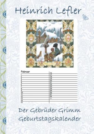 Der Gebrüder Grimm Geburtstagskalender bietet für jeden Monat des Jahres eine Originalillustration von Heinrich Lefler aus der Märchenwelt der Gebrüder Grimm. Zu jedem Monat gibt es zugehörig auch jeweils eine Seite zur Aufnahme von Notizen. Der Geburtstagskalender enthält 12 liebevoll gestaltete Original Farbillustrationen von Heinrich Lefler.