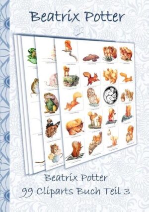 Das Beatrix Potter 99 Cliparts Buch Teil 3 enthält 99 wunderschöne und einzigartige Cliparts erstellt aus original Beatrix Potter Illustrationen, welche von Elizabeth M. Potter frei überarbeitet und in Einzeldateien abgelegt wurden. Alle Cliparts sind im Detail im Buch dargestellt und entsprechend der Zugehörigkeit zu den Beatrix Potter Geschichten sortiert. Sie können per Download zur privaten Verwendung heruntergeladen werden, Instruktionen hierzu sind im Buch aufgeführt. Die auf weißen Hintergrund präsentierten Cliparts stammen aus den folgenden Beatrix Potter Geschichten: Die Geschichte vom Eichhörnchen Nutkin Die Geschichte von den zwei ungezogenen Mäusen Die Geschichte von Frau Kleinmaus Die Geschichte von Herrn Todd Die Geschichte von Johnny Stadtmaus Die Grafiken im Buch sind in Schwarz-weiß gehalten (außer in der ebook Variante), die downloadbaren Grafiken der Clipart-Dateien entsprechen farblich und qualitativ dem Original.