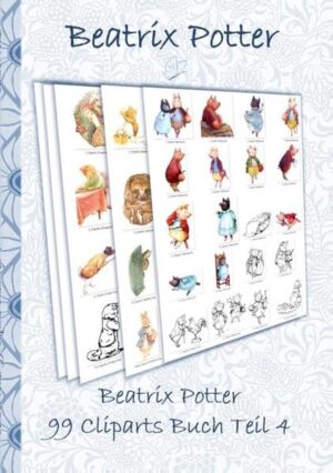 Das Beatrix Potter 99 Cliparts Buch Teil 4 enthält 99 wunderschöne und einzigartige Cliparts erstellt aus original Beatrix Potter Illustrationen, welche von Elizabeth M. Potter frei überarbeitet und in Einzeldateien abgelegt wurden. Alle Cliparts sind im Detail im Buch dargestellt und entsprechend der Zugehörigkeit zu den Beatrix Potter Geschichten sortiert. Sie können per Download zur privaten Verwendung heruntergeladen werden, Instruktionen hierzu sind im Buch aufgeführt. Die auf weißen Hintergrund präsentierten Cliparts stammen aus den folgenden Beatrix Potter Geschichten: Die Geschichte von Jemima Watschelente Die Geschichte von Ginger und Pickles Die Geschichte von Timmy Zehenspitzen Die Geschichte von Pigling Bland Die Geschichte vom kleinen Schwein Robinson  Appley Dapples Kinderreime Die Grafiken im Buch sind in Schwarz-weiß gehalten (außer in der ebook Variante), die downloadbaren Grafiken der Clipart-Dateien entsprechen farblich und qualitativ dem Original.