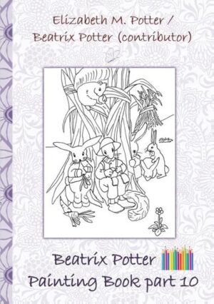 This Beatrix Potter Painting Book part 10 contains 19 beautiful artwork illustrations based on original Beatrix Potter characters, revised by Elizabeth M. Potter. The illustrations are from the following Peter Rabbit stories: The story of Peter Rabbit and Sammy Squirrel. The story of Peter Rabbit and his Pa The story of Peter Rabbit and his Ma Experience hours full of stress relief and enjoy to express your creativity through colouring. Use crayons, coloured pencils or water colours to give the illustrations a personal touch. Join the Beatrix Potter community and find yourself enchanted by the magical passion of inspiring colouring.