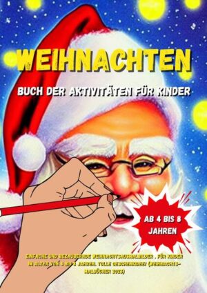 Entdecken Sie das ultimative Weihnachtsbuch der Aktivitäten für Kinder! Mit den einfachen und bezaubernden Weihnachtsausmalbildern ist dieses Buch perfekt für Kinder im Alter von 4 bis 8 Jahren geeignet. Es bietet eine Fülle an kreativen Malvorlagen, die die Fantasie anregen und die Vorfreude auf die Festtage steigern. Von Weihnachtsbäumen über festliche Dekorationen bis hin zu fröhlichen Weihnachtsmann-Szenen - dieses Buch ist randvoll mit wunderbaren Motiven, die Kinder begeistern werden. Die klaren Linien und gut definierten Bilder machen das Ausmalen einfach und angenehm. Es ist nicht nur eine großartige Möglichkeit, die künstlerischen Fähigkeiten der Kleinen zu fördern, sondern auch eine fantastische Geschenkidee! Machen Sie Kindern eine Freude mit diesem unterhaltsamen und lehrreichen Buch, das ihre Vorfreude auf Weihnachten steigert. Holen Sie sich jetzt die neueste Ausgabe der Weihnachts-Malbücher 2023 und erleben Sie eine festliche Welt voller Spaß und Kreativität!