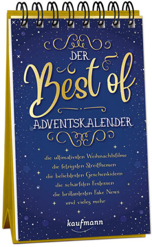 Ein Adventskalender für Weihnachtsliebhaber - 24 weihnachtliche Top-Listen Simply the best! Der Adventskalender mit 24 weihnachtlichen Hitlisten und interessanten Fun Facts rund ums Thema Weihnachten. Die zehn bekanntesten Weihnachtsbäume, die häufigsten Streitthemen an den Feiertagen, die „must-haves“ an Weihnachtsgeschenken, zehn verblüffende und weihnachtliche Fake News, die besten Weihnachtsfilme für Jung und Alt, und vieles mehr … Der dekorative Adventskalender für erwachsene Weihnachtsfans zum Aufstellen verbirgt hinter jeder der 24 Pforten eine weitere Top 10 zu einem weihnachtlichen Thema. • Der Adventskalender zum Aufstellen mit 24 interessanten Listen. • Jeden Tag: Umblättern, Flügeltüren öffnen, Hitliste Lesen, mehr erfahren / schmunzeln oder sich inspirieren lassen! • Ein Weihnachtskalender ganz ohne Schokolade.