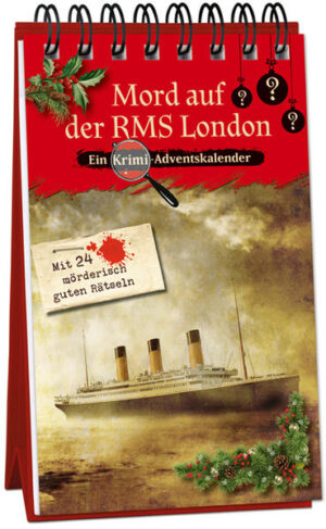 Der vierte Fall für Inspector Morrissey - Ein Krimi-Adventskalender mit 24 mörderischen Rätseln für Meisterdetektive. Die Krimi-Geschichte: Ein neuer Fall für Inspector Thomas Morrissey. Auf einer Schiffsreise zurück nach England kann doch eigentlich nichts passieren, denkt sich der Inspector. Doch selbst mitten im Ozean holt ihn das Verbrechen ein und Morrissey muss wieder einmal sein gesamtes detektivisches Können auspacken, um den Täter zu fassen. Der dekorative Adventskalender für erwachsene Leser und Rätselfreunde zum Aufstellen verbirgt hinter jeder der 24 Pforten ein weiteres Kapitel des atmosphärisch-nostalgischen Kriminalfalls und ein passendes Rätsel. Die Auflösung zum jeweiligen Tag findet sich je auf der Rückseite des jeweiligen Adventskalender-Blatts. • Der Krimi-Adventskalender zum Aufstellen enthält neben der Geschichte 24 kriminell gute Rätsel. • Flügeltüren öffnen, das aktuelle Kapitel lesen und das zugehörige Rätsel lösen. Dann einfach umblättern und die Lösung überprüfen. • Ein Weihnachtskalender ganz ohne Schokolade für erwachsene Krimi- und Rätselfans.