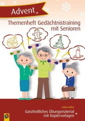 Komplett ausgearbeitete Trainingseinheiten zum adventlichen Gedächtnistraining mit Senioren inkl. Kopiervorlagen und Lösungen, für Fachkräfte in Altenpflege, Demenzbetreuung und Seniorenarbeit +++ Mit diesem Heft gelingt das Gedächtnistraining rund um den Advent ganz unkompliziert! Dieses Themenheft enthält jeweils eine fertig ausgearbeitete Trainingseinheit zu jeder der vier Adventswochen. Die weihnachtlichen Übungen laden zum Nachdenken, Grübeln und Erinnern ein und trainieren ganzheitlich die „grauen Zellen“. Sie schulen die Wortfindung, schärfen Wahrnehmung und Konzentration, fördern assoziatives, logisches und flexibles Denken, trainieren Merken und Erinnern und aktivieren das Langzeitgedächtnis. Dabei sprechen die differenzierten Aufgaben geübte, ungeübte und auch demenziell veränderte Senioren an. Ebenfalls bemerkenswert: Zu jedem Angebot finden Sie neben einer Einführung für Sie als Anleiter viele konkrete Tipps und Hinweise zur einfachen Umsetzung