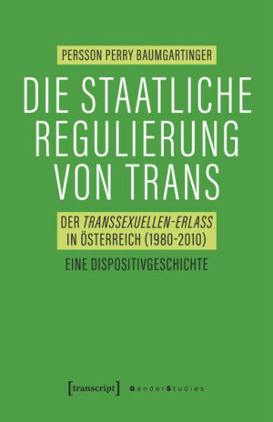 Geschlecht wird noch immer staatlich reguliert. Durch Gesetze, Erlässe und medizinische Richtlinien wird über Körper, Beziehungen und Lebensweisen bestimmt. Aktivist_innen kämpfen seit Jahrzehnten gegen eine solche Regulierung an, doch die binäre Geschlechtervorstellung bleibt weiterhin erhalten. Am Beispiel des österreichischen Transsexuellen-Erlasses (1980-2010) arbeitet Persson Perry Baumgartinger die wirkmächtigen »Reparaturmechanismen« des Zwei-Geschlechter-Dispositivs heraus, welche zur Konservierung des binären Geschlechterverständnisses beitragen.