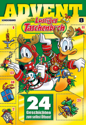 Um die Vorfreude auf Weihnachten noch lustiger zu gestalten, gibt es mit dem Lustigen Taschenbuch Advent 8 jeden Tag eine neue, weihnachtliche Geschichte. 24 spannende und unterhaltsame Comics warten darauf, jeden Tag bis zum großen Fest, entdeckt zu werden. Dabei müssen die noch verschlossenen Seiten aufgetrennt werden, um mit den beliebten Entenhausenern die Adventszeit zu gestalten. Comic-Fans finden hier nicht nur weihnachtliche Klassiker sondern auch 4 bisher unveröffentlichte Geschichten aus Entenhausen. Neben Donald Duck, Micky Maus und Co. spielen hier sogar die bekannten Ganoven eine Rolle. Gundel Gaukeley verkleidet sich als Weihnachtsfrau, um so endlich an Dagoberts Glückszehner zu kommen und das Weihnachtsfest in Entenhausen zu verhageln. Ob ihr das gelingt, wird in einer der 24 weihnachtlichen Geschichten im neuen Lustigen Taschenbuch Advent 8 verraten!