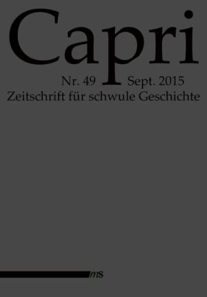 Seit 1985 versammelt die Zeitschrift Capri interessante Fundstücke und Anmerkungen zur schwulen Geschichte. Mit Nummer 49 erlebt sie einen Relaunch und erscheint im Männerschwarm Verlag. Inhalt: Hans P. Soetaert: Hirschfelds Fackelträger in der Tschechoslowakei (und in der Schweiz?) Karl Giese: Die Homosexuellenmorde (1934) Magnus Hirschfeld: Stand der Bewegung im geistigen Befreiungskampf der Homosexuellen (1934) Kurt Hiller: Der Fall des Tennisspielers Cramm (1938) Edgar Bauer: Athwart. Zu Harry Hays Konzept eines Third Gender folk und Giordano Brunos Natur-Begriff Edgar Bauer: Die entnervte Gottheit. Über Gloria Anzaldúas Lob des Körpers und die Beendigung des Patriarchats Manfred Herzer: Extreme Schwulenemanzipation /Extreme Schwulenverfolgung. Homosexuelle Männer im Deutschland der Zwischenkriegszeit Manfred Herzer: Redl, die Sterne und der Homosexuellenhass Karl von Kenyeres: Generalstabsoberst Alfred Redl, der Verräter der Oesterr.-Ung. Monarchie (1931) Rezensionen