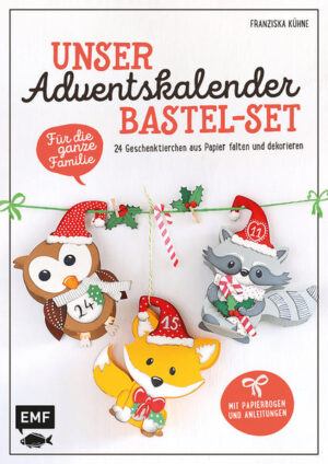 Die Zeit bis Weihnachten kann so lang sein - gut, dass es Adventskalender gibt, die diese Zeit verkürzen. Das Adventskalender-Bastelset für die ganze Familie besteht aus 24 zuckersüßen Tierchen auf den beiliegenden Bastelbögen, die zusammen mit den Kindern oder als Überraschung für die Kleinen gebastelt, bemalt und beklebt werden können. Die Tütchen bieten genügend Platz für süße Kleinigkeiten oder andere feine Überraschungen und können entweder aufgestellt oder an einer Leine befestigt werden.