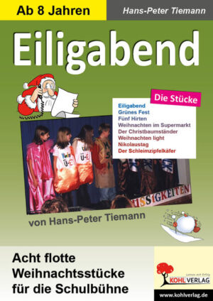 8 starke Weihnachtsstücke zum Schmunzeln von dem aus Funk und Fernsehen bekannten Autor Hans-Peter Tiemann. Temporeiche Slapsticks und Sketche für die Weihnachtsfeier und den Elternabend. Der komplette Weihnachtsband. Die ganze Klasse spielt mit! Die Theaterstücke sind geeignet ab 8 Jahren. Ein echter Leckerbissen für Ihren Weihnachtsabend!!! Die einzelnen Titel: Eiligabend Grünes Fest Fünf Hirten Weihnachten im Supermarkt Der Christbaumständer Weihnachten light Nikolaustag Der Schleimzipfelkäfer 110 Seiten