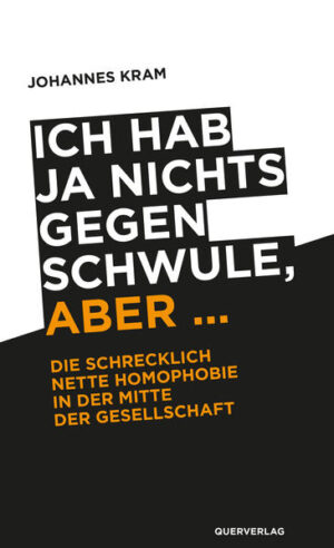 Der Sound der neuen Homophobie klingt nicht böse, sondern nett. Schrecklich nett. Er greift Homosexuelle nicht offensiv an, aber unterstellt ihnen eine gemeinsame Agenda, die in Gestalt einer ominösen Homolobby Sonderrechte durchsetzen möchte. Man hat ja nichts gegen Homosexuelle, aber  Die neue Homophobie ist nicht das Problem dumpfer Stammtische. Sie schwelt hinüber zu den Orten des links-intellektuellen Milieus bis hin zu den Grünen. Sie findet sich im Feuilleton, am Theater, im politischen Kabarett. Im Prinzip ist die neue Homophobie natürlich die alte. Neu ist, dass es sich um eine Homosexuellenfeindlichkeit handelt, die auf ihrer Homosexuellenfreundlichkeit beharrt. Ich hab ja nichts gegen Schwule, aber  ist ein Buch für Heteros und Homos, eines das Brücken schlägt, aber auch konstruktiven Streit provoziert. Johannes Kram ist überzeugt: Wenn Heterosexuelle Homophobie nicht reflexhaft von sich weisen, sondern sich mit der strukturellen, gesellschaftlichen, aber auch mit der versteckten individuellen beschäftigen, könnten sie eine Menge über sich selbst und die Verfasstheit unserer Gesellschaft lernen.