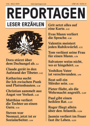 Reportagen schickt die besten Autorinnen und Autoren rund um den Globus. Für Geschichten, die bleiben. In dieser Ausgabe: - Katharina sucht ihr Ich zwischen Punk und Plattenbauten. Dunkelhäutig, Ostdeutsche, Arbeiterkind - eine Frau die immer anders ist. Von Christoph Dorner. - Christian sammelt aus Angst vor Verlust. Er fotografiert Toiletten, hortet Türkeile und notiert seine Schlafzeiten. Von Dmitrij Kapitelman. - Steven war Neonazi, jetzt ist er Sozialarbeiter. Die Geschichte einer radikalen Wandlung. Von Dmitrij Gawrisch. - Salvatore weiss nicht, wo er hingehört. Deutschland oder Italien: Seit Kindertagen fragt er sich, wo seine Heimat ist. Von Urs Mannhart. - Yoshikos Vater ist verschwunden. Sie ist noch ein Kind, als er seine Familie verlässt. Von Sabine Riedel. - Beat soll ein Mörder sein. Sitzt der Schweizer unschuldig im Gefängnis in Italien? Von Erwin Koch.