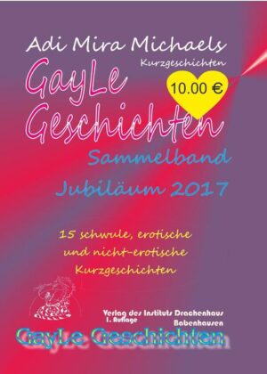 Dieses Buch ist eine Jubiläumsausgabe aller bisher unter Gayle Geschichten als eBooks erschienenen und bisher nicht gedruckten Kurzgeschichten. Neu illus-triert bedanken sich Autor Adi Mira Michaels und Verleger Michael Hoffmann bei ihren Lesern für die ersten fünf Jahre Treue. Im August 2012 hat Adi Mira Michaels seinen ersten Roman Julien zu Papier gebracht - okay, in den Computer gehämmert, seine Tastatur jammerte hinterher mir, dem Verleger, die Ohren voll, dass sie total hinüber sei. Sie musste ausge-tauscht werden. Zudem sind im Jahr 2012 schon ein paar Kurzgeschichten erschienen. Sie und alle folgenden sind hier versammelt, auf knapp 500 Seiten, veröffentlicht im Au-gust 2017 - genau nach fünf Jahren! Wir wünschen unseren Lesern viel Spaß! Michael Hoffmann, Verlag des Instituts Drachenhaus