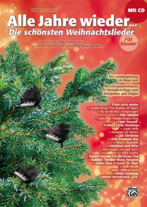 Alle Jahre wieder erstürmen Weihnachtslieder wie White Christmas oder Last Christmas zur Weihnachtszeit die Single Charts. "Alle Jahre wieder - Die schönsten Weihnachtslieder für Klavier" bietet 40 Piano-Arrangements dieser beliebten und bekannten, deutschen und internationalen Weihnachtsklassiker für Klavier. Zwanzig deutsche und zwanzig englische Lieder. Egal, ob Sie zu Hause Ihre Familie beim Singen oder Spielen eines Melodieinstruments begleiten möchten, oder ob Sie Ausschau nach weihnachtlich-konzertantem Vorspiel-Repertoire für Piano solo halten. Dieses innovative Weihnachtsliederbuch für die ganze Familie bietet Ihnen mehrere Optionen:1. Die herausnehmbare Melodiebeilage enthält die Melodiezeile zu jedem Lied mit den dazugehörigen Akkorden und den vollständigen Liedtexten. Stellen Sie diese Beilage Ihrer Familie zum Mitsingen oder Mitspielen mit Blockflöte, Querflöte oder Violine zur Verfügung und die weihnachtliche Hausmusik ist gesichert. 2. Deutsche und englische Texte: Einige deutsche Lieder enthalten zusätzlich englische Texte, während bei einigen englischen Liedern deutsche Texte hinzugefügt worden sind, darunter auch neue Übersetzungen von Santa Claus Is Comin‘ To Town, Jingle Bells u.a. So lernen Ihre Kinder Weihnachtslieder aus beiden Sprachräumen kennen.3. Die ausgearbeiteten Piano-Arrangements eignen sich sowohl zur Liedbegleitung als auch zum instrumentalen Solovortrag. Viele Lieder sind zweifach arrangiert, zum einen als leicht spielbare, zweistimmige Fassung und zum zweiten als anspruchsvollere Version. Warum stellen Sie sich nicht selbst Ihr eigenes weihnachtliches Konzertprogramm zusammen? 4. Die beiliegende CD: Aufnahmen aller Klavierarrangements sind auf der beiliegenden CD zu hören. Sie brauchen Sie nur einzulegen und zu genießen.Inkl. ansprechenden SW-Illustrationen!