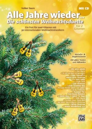 Alle Jahre wieder erstürmen Weihnachtslieder wie White Christmas oder Last Christmas zur Weihnachtszeit die Single Charts. "Alle Jahre wieder - Die schönsten Weihnachtsduette für 2 Gitarren" bietet insgesamt dreißig Duo-Arrangements dieser beliebten und bekannten, deutschen und internationalen Weihnachtsklassiker für zwei Gitarren. Laden Sie sich einen Gitarrenpartner zu Weihnachten ein, spielen Sie zusammen mit Ihrem Kind, musizieren Sie zusammen mit Ihrem Lehrer im Gitarrenunterricht, organisieren Sie Ihr eigenes weihnachtlich-konzertantes Vorspiel. Dieses Buch bietet Ihnen viele Optionen! Ihnen fehlt der geeignete Gitarrenpartner? Kein Problem: Einfach eine Stimme auf der beiliegenden CD ausblenden und mitspielen!