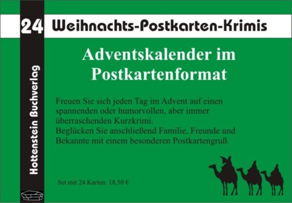 Weihnachtskrimis 24 verschiedene weihnachtliche Krimis mit einer gehörigen Portion Humor versüßen die Adventszeit. 24 kurze Krimis, die auf eine Postkarte passen, jedoch immer für eine Übrraschung gut sind.