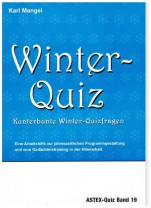 Kunterbunte Fragen rund um den Winter. Zur jahreszeitlichen Programmgestaltung. In diesem Quizband geht es kunterbunt durch den Winter. Er eignet sich deshalb sehr gut zur jahreszeitlichen Orientierung und zur Programmgestaltung in der Altenarbeit während der Wintermonate. Zunächst geht es in einem bunten Mix quer durch den Winter. Die Quizfragen drehen sich um Schnee und Eis, Wintersport, Winterurlaub, Schneeballschlacht und Stubenmusik, Berge und eisige Inseln. Von der Zugspitze bis nach Alaska. Aber auch winterliches Feste und Bräuche kommen bei den Quizfragen nicht zu kurz. In einem zweiten Teil (ab Seite 43 ) gibt es dann Fragen zu winterliche Liedern und Gedichten wie „A B C, die Katze liegt im Schnee“ und das Bübchen auf dem Eis“. Im Anhang (ab Seite 53 ) sind dann die vollständigen Lieder und Gedichte abgedruckt. Zum Nachlesen oder zum Singen. Es wurde bei der Zusammenstellung der Fragen darauf geachtet, dass sich die Themen auf die Lebenserfahrungen der älteren Generation beziehen. Dadurch bietet nahezu jede Frage und jede Antwort Ansatzpunkte zu Gesprächen und Erinnerungen. Die Fragen finden Sie immer auf der Vorderseite eines Blattes. Gleich auf der Rückseite des Blattes befinden sich dann die Antworten.