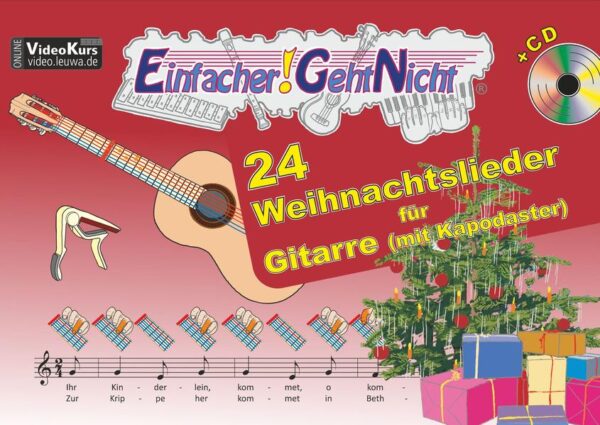 Einfacher geht es nicht: 24 beliebte Weihnachtslieder zum Spielen (Zupfen) der Melodien oder zur Liedbegleitung mit den Akkorden. Das funktioniert ohne bunte Noten oder farbige Aufkleber! Hinweis: Der Kapodaster ist nicht im Lieferumfang! Wir verwenden in diesem Buch einen Kapodaster, da es den Fingersatz der linken Hand vereinfacht. Jedoch kann man alle Stücke auch ohne Kapodaster spielen. Mehr dazu unter egn-gitarre.leuwa.de Zum Stimmen der Gitarre empfehlen wir ein Stimmgerät. Das funktioniert ohne Notenkenntnisse, die spielerisch und ganz nebenbei gelernt werden. Es gibt über jeder Note eine Grafik. Entsprechend der markierten Finger drückt man die Saite auf das Griffbrett. Zeitgleich zupft man sie sanft mit dem Daumen oder Zeigefinger der rechten Hand. Ist keine Hand gezeichnet, wird die Saite nicht gedrückt aber gezupft - man spielt also auf der „leeren Saite“. Ein besonderes Erlebnis und kleine Herausforderung: Das Mitspielen zum Play Along! Zu jedem Lied gibt es ein "Play Along" in langsamen Tempo mit Einzähl-Klick und eine schnellere Instrumentalversion zum Kennenlernen der Melodien, Mitsingen oder Mitspielen für Fortgeschrittene. Diese sind auf der beiligenden Audio-CD oder per Link zu verschiedenen Streamingdiensten direkt auf dem Smartphone verfügbar. Viele kostenlose Ergänzungen! Der Verlag aus Freiburg im Breisgau bietet außerdem zum Download auf seiner Webseite: ✔️ Begleitvideos mit Infos und nützlichen Tipps zum Spielen. ✔️ Liedtexte zu allen Liedern ✔️ Noten mit den Zweitstimmen zu allen Liedern ✔️ Noten für Klavierbegleitung zu allen Liedern Alles passt zusammen: Die Lieder in den Heften dieser Reihe sind so arrangiert, dass sie mit den anderen Instrumenten (Glockenspiel, Keyboard, Klavier, Mundharmonika, Ukulele, Blockflöte usw.) zusammen gespielt werden können. Inhalt: 01: Ihr Kinderlein, kommet 02: Schneeflöckchen, Weißröckchen 03: Vom Himmel hoch, da komm ich her 04: Alle Jahre wieder 05: Am Weihnachtsbaum die Lichter brennen 06: Morgen, Kinder, wirds was geben 07: Kommet, ihr Hirten 08: Leise rieselt der Schnee 09: Morgen kommt der Weihnachtsmann 10: Still, still, still, weil's Kindlein schlafen will 11: O du fröhliche 12: Lasst uns froh und munter sein 13: Laterne, Laterne 14: Sankt Martin 15: Stille Nacht, heilige Nacht 16: Zu Bethlehem geboren 17: O Tannenbaum 18: Kling, Glöckchen, klingelingeling 19: Ich geh mit meiner Laterne 20: Was soll das bedeuten 21: Fröhliche Weihnacht überall 22: Süßer die Glocken nie klingen 23: Nun singet und seid froh! 24: Jingle Bells Viel Spaß beim Spielen auf deiner Gitarre!