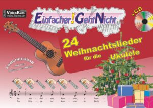 Einfacher geht es nicht: 24 Weihnachtslieder zum Spielen der Melodien oder zur Liedbegleitung mit den Akkorden. Das funktioniert ohne Notenkenntnisse oder bunte Aufkleber. Die Noten werden spielerisch und ganz nebenbei gelernt. Es gibt über jeder Note eine Grafik. Entsprechend der markierten Finger drückt man die Saite auf das Griffbrett. Zeitgleich zupft man sie sanft mit dem Daumen oder Zeigefinger der rechten Hand. Ist keine Hand gezeichnet, wird die Saite nicht gedrückt aber gezupft - man spielt also auf der „leeren Saite“. Durch diese Notationsergänzung können auch Anfänger sehr schnell auf der Ukulele spielen. Zusätzlich sind in den Noten auch die Akkorde zur Liedbegleitung angegeben. Ein besonderes Erlebnis und kleine Herausforderung: Das Mitspielen zum Play Along! Zu jedem Lied gibt es ein "Play Along" in langsamen Tempo mit Einzähl-Klick und eine schnellere Instrumentalversion zum Kennenlernen der Melodien, Mitsingen oder Mitspielen für Fortgeschrittene. Diese sind auf der beiligenden Audio-CD oder per Link zu verschiedenen Streamingdiensten direkt auf dem Smartphone verfügbar. Viele kostenlose Ergänzungen! Der Verlag aus Freiburg im Breisgau bietet außerdem zum Download auf seiner Webseite: ✔️ Begleitvideos mit Infos und nützlichen Tipps zum Spielen. ✔️ Liedtexte zu allen Liedern ✔️ Noten mit den Zweitstimmen zu allen Liedern ✔️ Noten für Klavierbegleitung zu allen Liedern Alles passt zusammen: Die Lieder in den Heften dieser Reihe sind so arrangiert, dass sie mit den anderen Instrumenten (Gitarre, Keyboard, Klavier, Glockenspiel, Kalimba, Mundharmonika, Blockflöte usw.) zusammen gespielt werden können. Inhalt: 01: Ihr Kinderlein, kommet 02: Schneeflöckchen, Weißröckchen 03: Vom Himmel hoch, da komm ich her 04: Alle Jahre wieder 05: Am Weihnachtsbaum die Lichter brennen 06: Morgen, Kinder, wirds was geben 07: Kommet, ihr Hirten 08: Leise rieselt der Schnee 09: Morgen kommt der Weihnachtsmann 10: Still, still, still, weil's Kindlein schlafen will 11: O du fröhliche 12: Lasst uns froh und munter sein 13: Laterne, Laterne 14: Sankt Martin 15: Stille Nacht, heilige Nacht 16: Zu Bethlehem geboren 17: O Tannenbaum 18: Kling, Glöckchen, klingelingeling 19: Ich geh mit meiner Laterne 20: Was soll das bedeuten 21: Fröhliche Weihnacht überall 22: Süßer die Glocken nie klingen 23: Nun singet und seid froh! 24: Jingle Bells Viel Spaß beim Spielen auf deiner Ukulele!