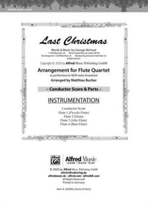 Attractive arrangement for flute quartet of one of the most performed christmas pop songs by Matthias Bucher, which is in great demand due to its performance in 2020 on German broadcast NDR. This edition of Last Christmas contains the score for four parts and the four individual parts for flute 1 to 4.