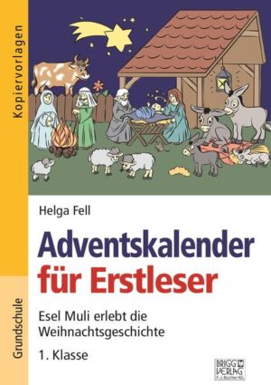 Die perfekte Einstimmung auf Weihnachten: erste Klassenlektüre, Adventskalender und Krippenbild fürs Klassenzimmer! Dieser Band liefert Lehrkräften eine tolle, höchst motivierende Idee zur Gestaltung der Adventszeit. Der kopierfähige Kalender enthält für jeden Tag vom 1. bis 24. Dezember ein Blatt mit einem schönen Ausmalbild sowie zwei Sätzen in großer Schrift und ganz einfacher Sprache, die bereits Kinder der ersten Klasse zu diesem Zeitpunkt lesen und selbst erschließen können. Aus 24 Blättern werden eine Geschichte und ein Krippenbild: Der Adventskalender kann als erste richtige Klassenlektüre begleitend zu jedem Leselehrgang gelesen werden. Aus den großen Kalenderblättern entwickelt sich die Geschichte vom Esel Muli jeden Tag mit zwei einfachen Sätzen weiter. Die Bilder des Kalenders ergeben ausgemalt und aufgeklebt Schritt für Schritt ein vollständiges Krippenbild, das alle gemeinsam als Klassenzimmerschmuck basteln können. Das besondere Plus: Zusätzlich zu den großformatigen Bildern sind alle Illustrationen verkleinert im „Hosentaschenformat“ nochmals zusammengestellt, sodass sich jedes Kind einen eigenen kleinen Leseadventskalender erstellen kann.