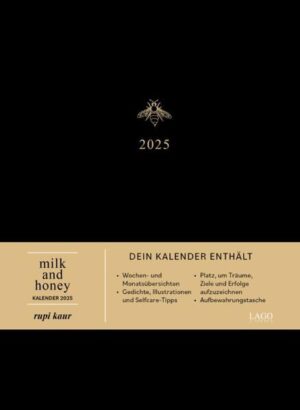 Die inspirierende Bestsellerautorin Rupi Kaur begleitet mit diesem milk-and-honey-Kalender ihre Fans durch ein ganzes Jahr. Minimalistisch, modern und praktisch in der Gestaltung bietet er genug Platz, um Ziele, Träume und Erfolge festzuhalten. Rupi Kaur gibt außerdem Tipps zum wichtigen Thema »Self Care« und lädt ein, Fortschritte wöchentlich zu dokumentieren und die Errungenschaften mit einem Jahresrückblick zu feiern. Dieser besondere Kalender besticht dabei optisch nicht nur mit Illustrationen und Gedichten aus dem bahnbrechenden New-York-Times-Bestseller milk and honey, sondern verfügt auch noch über eine hochwertige Ausstattung mit Soft-Touch-Einband, Lesebändchen, einem ausklappbaren Visionboard sowie eigens illustrierten Aufklebern und anpassbaren Etiketten. Der perfekte Begleiter für alle kreativen Köpfe.