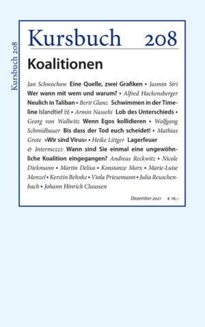 Im Kursbuch stehen 208 Koalitionen auf der Tagesordnung. Gemäß Kursbuchprogrammatik geht es natürlich um Koalitionen ganz unterschiedlicher Natur. In der Politik bis hin zu schlechten Ehen. Jasmin Siri eröffnet den Reigen und rekonstruiert die Geschichte der Regierungskoalitionen in der Bundesrepublik auf Bundesebene - sie zeigt, wie weit man dem anderen entgegenkommen muss, damit er seine Eigenart behalten kann, einem aber nicht zu sehr in die Quere kommt? Georg von Wallwitz beschäftigt sich mit Koalitionen im Wirtschaftsleben, mit sogenannten Mergers&Acquisitions. Wolfgang Schmidbauer weist darauf hin, dass risikobereitere, auf Freiheit der Beteiligten setzende Beziehungen oft fragiler sind als lieblose. Mathias Grote widmet sich der bisweilen merkwürdigen politischen Epistemologie des Blicks auf die Natur - koalierende Kooperation statt Konkurrenz als Naturprinzip, und Alfred Hackensberger rekonstruiert eher pragmatische weltpolitische Koalitionen zwischen Feinden, wenn es der Machtbewirtschaftung dient, vor allem am Beispiel von Verhandlungen mit den Taliban. Armin Nassehi wiederum sucht den kategorischen Imperativ für gelingende Koalitionen. Für die Intermezzi wurden neun Autorinnen und Autoren die Frage gestellt, wann sie einmal eine ungewöhnliche Koalition eingegangen sind. Heike Littgers Lagerfeuer führt diesmal zu einem Aromaforscher, in die Queer-Forschung und in die Evolutionsbiologie. Neu ist die Kolumne Islandtief von Berit Glanz. Die Schriftstellerin und Literaturwissenschaftlerin, die in Reykjavik lebt, schreibt aus und in, bisweilen auch über Island. Ihre erste Kolumne kommt, wie könnte es in Island anders sein, aus der Blauen Lagune.