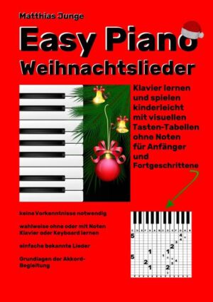 Ein Lehrkurs für einen superleichten Einstieg in das Klavierspielen durch einfache Lieder mit visuellen Tasten-Tabellen ganz ohne Notenvorkenntnisse und die Grundlagen der Akkordbegleitung von Liedern mit Klavier oder Keyboard. Keine Vorkenntnisse notwendig. Dieser Kurs vermittelt spielerisch und kinderleicht die Grundlagen des Klavierspiels. "Easy Piano" bedeutet, dass am Anfang komplett auf Noten verzichtet wird, indem visuelle Tasten-Tabellen für die Lieder verwendet werden, die anschaulich die Melodien vermitteln. Innerhalb von 2 Minuten spielst Du dein erstes Klavierstück. Diese steile Erfolgskurve ermutigt jeden und spielerisch gehst du dadurch gelassen an deine ersten Stücke heran, so dass der Spass-Faktor und die Freude groß ist. Auf die gleiche Weise werden auch die Grundlagen der Liedbegleitung mit Akkorden auf Klavier und Keyboard vermittelt. Mit diesen Grundlagen bist du schon nach kurzer Zeit in der Lage, Lieder zu singen und mit Akkorden auf dem Piano zu begleiten, auch aus anderen Liederheften.