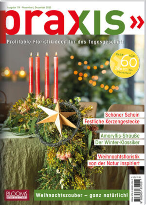 Das Magazin für die tägliche Praxis in der Floristik - kreativ gestalten - wirtschaftlich arbeiten - verkaufsstark präsentieren - Es weihnachtet - und damit beginnt eine der arbeitsreichsten, umsatzstärksten aber sicherlich auch schönsten Zeiten für den Blumen- und Pflanzenverkauf. Blumengeschäfte, Gartencenter und viele Pflanzenverkaufsstellen bereiten sich jetzt auf ihre Adventsausstellungen vor. Dabei sollten die blühenden Klassiker wie Amaryllis und Weihnachtsstern nicht fehlen, ebenso wie weihnachtliche Floristik mit Kerzenschmuck und Sternenglanz. Unsere Anregungen in dieser Ausgabe vermitteln euch dazu Ideen und neue Inspiration für die täglichen Umsetzungen im Geschäftsalltag. Titelthemen: - Weihnachtszauber - ganz natürlich! - Schöner Schein: festliche Kerzengestecke - Der Winterklassiker: Amaryllis-Sträuße - Weihnachtsfloristik von der Natur inspiriert - 72 Seiten (DIN A4) mit mindestens 60 Floristikideen für 2 Monate - Kategorien: Saisonfloristik, Geschenkefloristik, Floristik in Serie, Tischschmuck, Dauerhafte Floristik, Trauerfloristik, Pflanzungen & Sträuße - topverkäufliche Floristik auf Basis von optimiertem Material- und Zeiteinsatz - Techniktipps, Präsentationsvorschläge und Produktinformationen - großformatige Abbildungen sowie Detailfotos mit Tipps und Hinweisen Erscheint 2-monatlich. Weitere Infos und www.blooms.de/praxis