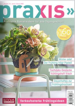 Das Magazin für die tägliche Praxis in der Floristik - kreativ gestalten - wirtschaftlich arbeiten - verkaufsstark präsentieren - PRAXIS Januar/Februar 2024 Auf in den Frühling! Frische Ideen, neue Konzepte, verkaufsstarke Präsentationen - das belebt das Blumengeschäft jetzt zum Frühling. Nach den trüben Wintertagen ist nun die Sehnsucht nach Farbe und jede Menge Blüten groß! Insofern haben wir eine Menge neuer Ideen zusammengestellt, die dem Winter ade sagen! Ob fröhlich-bunte Frühlingsgestecke, die Pflanzpräsente für Power-Frauen oder die neuen Country-Style-Sträuße: Die KundInnen wünschen sich Inspiration und Vitalität zum Frühlingsbeginn. Titelthemen: - Winter ade! Der Frühling trägt Pastell - Tischdeko-Gestecke frühlingshaft-frisch - Dauerhaftes zur Frühlingshochzeit - Verkaufsstarke Frühlingsideen - 72 Seiten (DIN A4) mit mindestens 60 Floristikideen für 2 Monate - Kategorien: Saisonfloristik, Geschenkefloristik, Floristik in Serie, Tischschmuck, Dauerhafte Floristik, Trauerfloristik, Pflanzungen & Sträuße - topverkäufliche Floristik auf Basis von optimiertem Material- und Zeiteinsatz - Techniktipps, Präsentationsvorschläge und Produktinformationen - großformatige Abbildungen sowie Detailfotos mit Tipps und Hinweisen Erscheint 2-monatlich. Weitere Infos und www.blooms.de/praxis