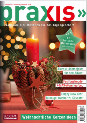 Das Magazin für die tägliche Praxis in der Floristik - kreativ gestalten - wirtschaftlich arbeiten - verkaufsstark präsentieren - Die Weihnachtszeit - für viele Menschen die schönste Zeit des Jahres, für FloristInnen aber auch sicher eine der arbeitsreichsten. Damit Ihr besonders gut auf den umsatzstarken Advent vorbereitet seid, geben wir Euch in dieser Ausgabe neue Impulse und Instirationen, die Eure KundInnen überzeugen werden. Angefangen bei verschiedenen weihnachtlichen Warenaufbauten, die schon von Weitem Aufmerksamkeit erregen, über leuchtende Floralideen und winterlich geschmückte Eingangsbereiche bis hin zur stimmungsvollen Tischdekoration reichen unsere Anregungen. Und weil nach den Feiertagen schon das neue Jahr winkt, möchten wir Euch auch unsere blumigen Kracher zu Silvester präsentieren, die sich einfach und schnell in Serie anfertigen lassen. Titelthemen: - Profitable Floristikideen für das Tagesgeschäft - 67 festliche Werkstücke auf 88 Seiten - Florale Lichtobjekte für den Advent - Festtagsfreude: X-MAS-Warenaufbau - Happy New Year! Blumige Kracher zu Silvester - Weihnachtliche Kerzenideen - 88 Seiten (DIN A4) mit mindestens 60 Floristikideen für 2 Monate - Kategorien: Saisonfloristik, Geschenkefloristik, Floristik in Serie, Tischschmuck, Dauerhafte Floristik, Trauerfloristik, Pflanzungen & Sträuße - topverkäufliche Floristik auf Basis von optimiertem Material- und Zeiteinsatz - Techniktipps, Präsentationsvorschläge und Produktinformationen - großformatige Abbildungen sowie Detailfotos mit Tipps und Hinweisen Erscheint 2-monatlich. Weitere Infos und www.blooms.de/praxis