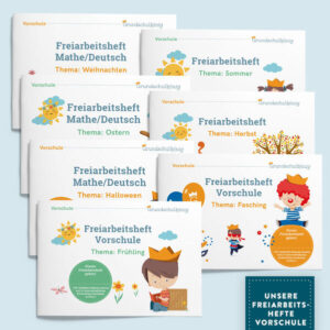 7 Freiarbeitshefte für die Vorschule zum Preis von 6 -Unser Set: "Mit dem Grundschulkönig durch die Vorschule" Mit diesem Set könnt Ihr gemeinsam mit dem Grundschulkönig durch die Vorschule reisen. Es enthält alle sieben Freiarbeitshefte mit saisonalen Themen und spannenden, abwechslungsreichen Übungen, passend zu den Themen, die in der Vorschule behandelt werden. Die Freiarbeitshefte können zur spielerischen Vorbereitung auf die Schule verwendet werden. Die liebevoll illustrierten Übungen motivieren Kinder ab 5 Jahren zum Mitmachen und zum kreativem Gestalten. Kurze Übungen, Rätsel und Knobelaufgaben lockern den Kindergartentag auf und bereiten optimal auf die Schule vor. Das kompakte Format macht unsere Freiarbeitshefte zum idealen Begleiter für kurzweilige Übungen im Kindergarten und unterwegs. Was enthält das Freiarbeitshefte-Set “Mit dem Grundschulkönig durch die Vorschule”? sieben 20-seitige DIN-A5-Freiarbeitshefte in gedruckter Form zusammengefasst mit einer hübschen Banderole Zusendung erfolgt per Post in Deutschland gedruckt Weitere Informationen auf grundschulkoenig.de!