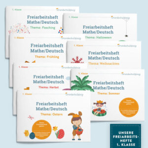 7 Freiarbeitshefte für die 1. Jahrgangsstufe zum Preis von 6 - Unser Set: "Mit dem Grundschulkönig durch das 1. Schuljahr" Mit diesem Set könnt Ihr gemeinsam mit dem Grundschulkönig durch das Schuljahr reisen. Es enthält alle sieben Freiarbeitshefte mit saisonalen Themen und spannenden, abwechslungsreichen Übungen, passend zur jeweiligen Jahrgangstufe. Die Freiarbeitshefte können zur vertiefenden Wiederholung des Lernstoffs eingesetzt werden und sind auf den jeweiligen Stand der Klassenstufe abgestimmt.  Kurze Übungen, Rätsel und Knobelaufgaben lockern den Schulalltag auf und das erlernte Wissen wird spielerisch verfestigt. Das kompakte Format macht unsere Freiarbeitshefte zum idealen Begleiter für kurzweilige Übungen in der Schule, unterwegs oder in der Mittagsbetreuung und im Hort. Was enthält das Freiarbeitshefte-Set “Mit dem Grundschulkönig durch das 1. Schuljahr”? sieben 20-seitige DIN-A5-Freiarbeitshefte in gedruckter Form zusammengefasst mit einer hübschen Banderole Lösungen ausgedruckt jeweils beiliegend beim Heft Zusendung erfolgt per Post in Deutschland gedruckt Weitere Informationen auf grundschulkoenig.de!