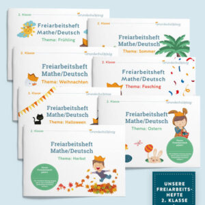 7 Freiarbeitshefte für die 2. Jahrgangsstufe zum Preis von 6 - Unser Set: "Mit dem Grundschulkönig durch das 2. Schuljahr" Mit diesem Set könnt Ihr gemeinsam mit dem Grundschulkönig durch das Schuljahr reisen. Es enthält alle sieben Freiarbeitshefte mit saisonalen Themen und spannenden, abwechslungsreichen Übungen, passend zur jeweiligen Jahrgangstufe. Die Freiarbeitshefte können zur vertiefenden Wiederholung des Lernstoffs eingesetzt werden und sind auf den jeweiligen Stand der Klassenstufe abgestimmt.  Kurze Übungen, Rätsel und Knobelaufgaben lockern den Schulalltag auf und das erlernte Wissen wird spielerisch verfestigt. Das kompakte Format macht unsere Freiarbeitshefte zum idealen Begleiter für kurzweilige Übungen in der Schule, unterwegs oder in der Mittagsbetreuung und im Hort. Was enthält das Freiarbeitshefte-Set “Mit dem Grundschulkönig durch das 2. Schuljahr”? sieben 20-seitige DIN-A5-Freiarbeitshefte in gedruckter Form zusammengefasst mit einer hübschen Banderole Lösungen ausgedruckt jeweils beiliegend beim Heft Zusendung erfolgt per Post in Deutschland gedruckt Weitere Informationen auf grundschulkoenig.de!