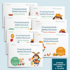 7 Freiarbeitshefte für die 3. Jahrgangsstufe zum Preis von 6 - Unser Set: "Mit dem Grundschulkönig durch das 3. Schuljahr" Mit diesem Set könnt Ihr gemeinsam mit dem Grundschulkönig durch das Schuljahr reisen. Es enthält alle sieben Freiarbeitshefte mit saisonalen Themen und spannenden, abwechslungsreichen Übungen, passend zur jeweiligen Jahrgangstufe. Die Freiarbeitshefte können zur vertiefenden Wiederholung des Lernstoffs eingesetzt werden und sind auf den jeweiligen Stand der Klassenstufe abgestimmt.  Kurze Übungen, Rätsel und Knobelaufgaben lockern den Schulalltag auf und das erlernte Wissen wird spielerisch verfestigt. Das kompakte Format macht unsere Freiarbeitshefte zum idealen Begleiter für kurzweilige Übungen in der Schule, unterwegs oder in der Mittagsbetreuung und im Hort. Was enthält das Freiarbeitshefte-Set “Mit dem Grundschulkönig durch das 3. Schuljahr”? sieben 20-seitige DIN-A5-Freiarbeitshefte in gedruckter Form zusammengefasst mit einer hübschen Banderole Lösungen ausgedruckt jeweils beiliegend beim Heft Zusendung erfolgt per Post in Deutschland gedruckt Weitere Informationen auf grundschulkoenig.de!