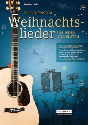 · Über 70 der beliebtesten Advents-, Weihnachts- und Winterlieder für Gitarre und E-Gitarre · für Anfänger und Fortgeschrittene · Noten, Tabs & Griffdiagramme · zum Mitsingen, Solo- und gemeinsamen Musizieren · einfache, kreative Akkordbegleitung · mit kostenlosen Mp3 Downloads · nach technischen Schwerpunkten geordnet in: z.B. Fingerstyle, Akkorde, Melodie, Ensemble.