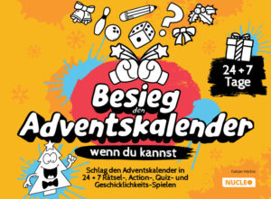 Der Adventskalender wird zum Spiel Dieser Adventskalender wird deine Vorweihnachtszeit in ein aufregendes Abenteuer verwandeln! Er ist kein gewöhnlicher Kalender - er ist dein Gegner, der dich herausfordert. Spiel, Spaß, Action und vieles mehr Jeden Tag erwarten dich spannende Challenges und Spiele, die dein Wissen, Geschick und Können herausfordern. Schlag den Adventskalender Tritt in Action-Runden gegen den Kalender an, baue die Spiele mit den Bastelbögen auf und löse knifflige Rätsel und Wissensspiele. 24 + 7 Tage: Mehr Türchen, mehr Spaß Doch das ist nicht alles. Wenn die Adventszeit vorbei ist, geht der Spaß einfach weiter. 24 Tage + 7 Tage Extraspaß - so kannst du dich den gesamten Dezember lang jeden Tag aufs Neue freuen! Highlights: Der Mitmach-Adventskalender für Kids, Teenager und junggebliebene Erwachsene (Altersempfehlung ab 8 Jahren) Wissen, Geschick und Können sind gefragt Allein oder in der Gruppe ein echter Spaß Jeden Tag eine neue Challenge 24 + 7 Tage voller Spaß: Der Adventskalender, der mehr kann Schlage den Adventskalender in packenden Spielen und lustigen Aufgaben. Beweise deine Schnelligkeit, taktisches Denken und Kreativität, um dem Adventskalender einen Schritt voraus zu sein. Jetzt bestellen und Spaß haben.