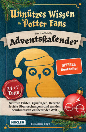 Dieser Adventskalender verzaubert Potter-Fans! Tauche ein in die magische Welt und erlebe die stimmungsvolle Weihnachtszeit, die dich jeden Tags aufs Neue in Staunen versetzt. Hinter jedem Türchen erwarten dich nicht nur eine, sondern gleich mehrere Überraschungen … Potter-Wissen zum Staunen und Schmunzeln Staune über unglaubliche Fakten, die selbst die größten Harry-Potter-Fans noch nicht wussten. Rate-Spaß - Wie gut kennst du dich aus? Stelle dich magischen Prüfungen, löse Quizfragen und staune über die verblüffenden Antworten. Back- und Cocktailrezepte: Wie lecker ist das denn? Das Geheimnis allerlei leckerer Köstlichkeiten aus der Potter-Welt wird gelüftet. Backe sie nach und überrasche deine Liebsten zu Weihnachten. Extra-Überraschungen An Weihnachten und Silvester gibt es zwei ganz besondere Überraschungen für die ganze Familie. Was es ist? Das wissen nur die Kobolde in Gringotts … 24 + 7 Tage voller Magie Dieser Adventskalender kann mehr. Wenn die Türchen bis Weihnachten geöffnet sind, ist noch lange nicht Schluss. Sieben Extra-Türchen versüßen dir die festliche Zeit bis Silvester. Zaubert ein Lächeln ins Gesicht Ob Kind, Teenager oder Erwachsener: Dieser Adventskalender verzaubert kleine und große Potter-Fans. Highlights: Ein zauberhafter Adventskalender für alle Potter-Fans jeden Alters Jeden Tag neue, spannende Fakten, Rezepte, Spiele und mehr 24 + 7 Tage voller Spaß: Der Adventskalender, der mehr kann Zwei besondere Überraschungen zu Weihnachten und Silvester Dieses Jahr wird der Advent einfach magisch. Erlebe einen Monat voller zauberhafter Überraschungen. Jetzt bestellen!