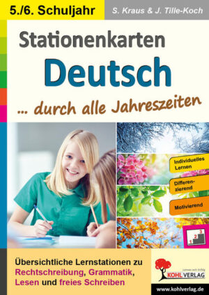 Das Arbeitsheft ist vorgesehen zum Einsatz in der Sekundarstufe in den Klassen 5 und 6. Die Arbeitsblätter enthalten zahlreiche Stationskarten mit Übungen und Aufgaben (differenziert in drei verschiedene Niveaustufen) zur Wiederholung, Stärkung und Festigung der Rechtschreib- und Grammatikkenntnisse sowie der Fähigkeit zum kreativen Schreiben. Die Themen der Aufgaben drehen sich dabei um die vier Jahreszeiten. Die Kopiervorlagen sind bestens geeignet zum selbstständigen Arbeiten in der Freiarbeit, zum Üben zu Hause, für die Nachhilfe oder für Vertretungsstunden. Der Band ist mit Lösungen - auch zur Selbstkontrolle - ausgestattet. Alle 5 Lernbereiche des Deutschunterrichtes - Grammatik, Rechtschreiben, Lesen, Schreiben sowie Hören - werden themenorientiert erarbeitet, vertieft und wiederholt. Die abwechslungsreichen Aufgabenstrukturen erleichtern eine Differenzierung innerhalb der Lerngruppe. Eigenverantwortliches Tun unterstützt die Sprach- und Methodenkompetenz. Dieser Arbeitsband mit jahreszeitbezogenen Inhalten stellt den Anspruch, den Unterrichtenden die alltägliche Arbeit zu erleichtern. Ein besonderer Schwerpunkt liegt dabei auf einer schüler- und handlungsorientierten Gestaltung der Lern- und Übungsangebote in den einzelnen Stationen. Die Reihenfolge der Stationen ist frei wählbar und ermöglicht dabei den Kindern ein individuelles Lern- und Arbeitstempo. Der individuell ausfüllbare Laufzettel sorgt bei dieser sehr differenzierten Arbeitsform für die durchgehende Übersicht über den Arbeitsstand. Die Tippkarten unterstützen selbstständiges Lernen durch gezielte Sachinformationen und Hilfen. 108 Seiten, mit Lösungen